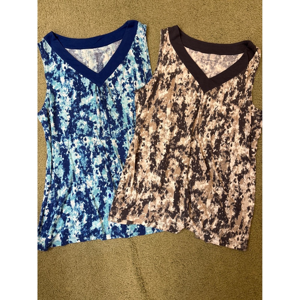 Croft & Barrow Womens V-Neck Flowy Soft Tank Top Lot of 2 Blue Brown Abstract L